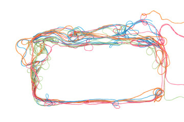 Frame of tangled colorful cotton threads isolated on white background. Abstract thread lines chaos pattern.