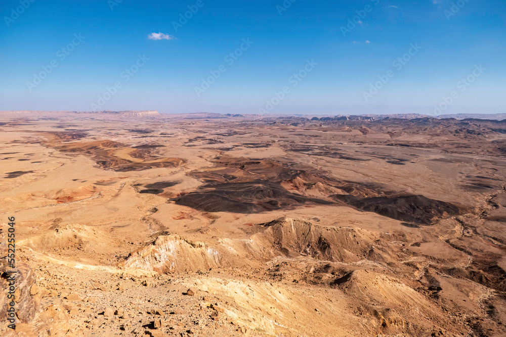 View of the surface of Ramon Crater. Mountains of Negev Desert.