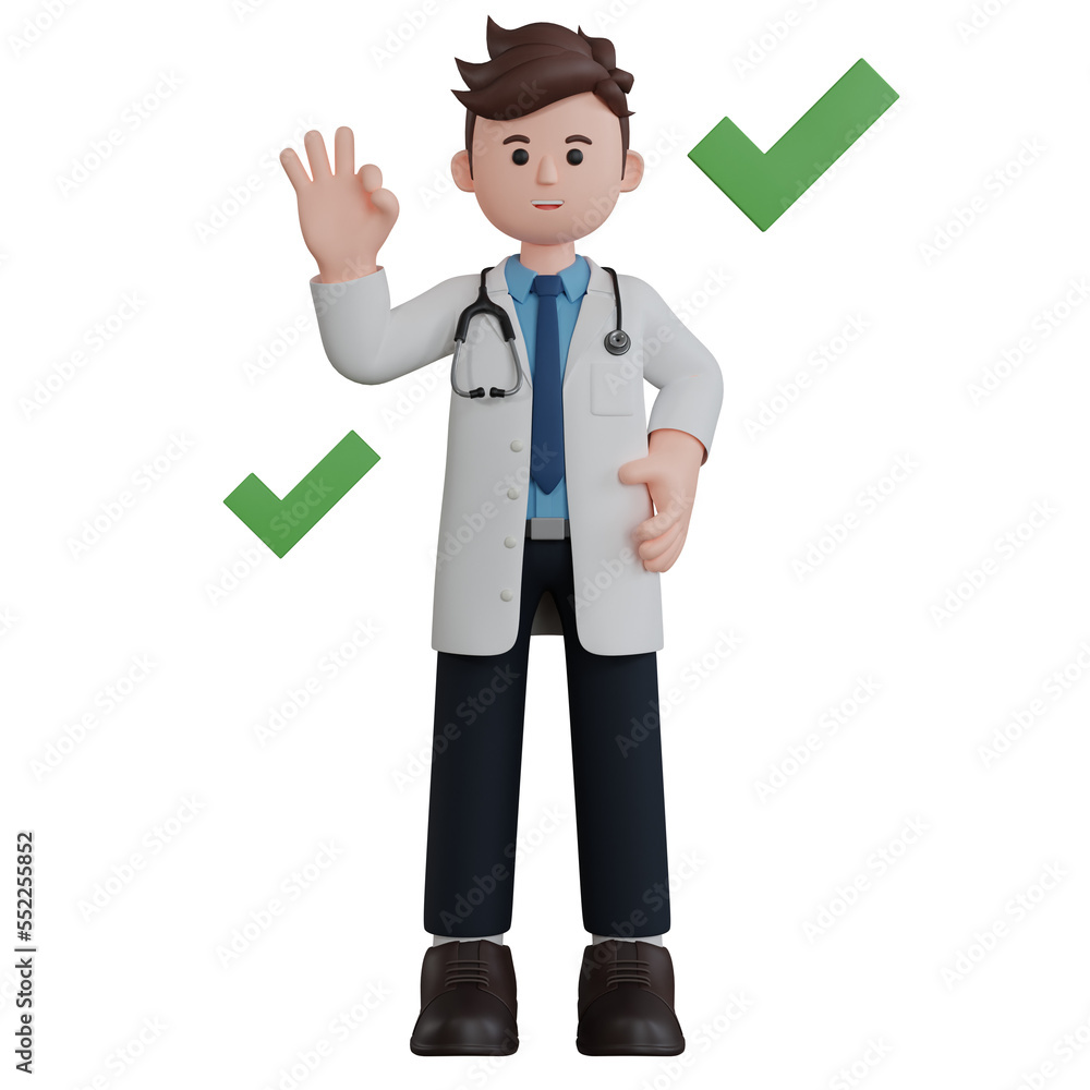 3D Rendering Cartoon Character Man Doctor Raise Hand Ok with Check Mark Sign. PNG Transparent Background. 3D Rendering Cartoon Character Man Doctor Raise Hand Ok with Check Mark Sign. PNG Transparent Background.