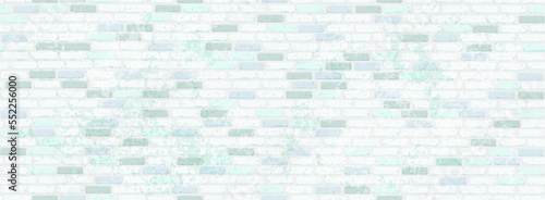 Rectangular wall with a texture of bricks in aged light blue with scuffs and chips. Seamless background.
