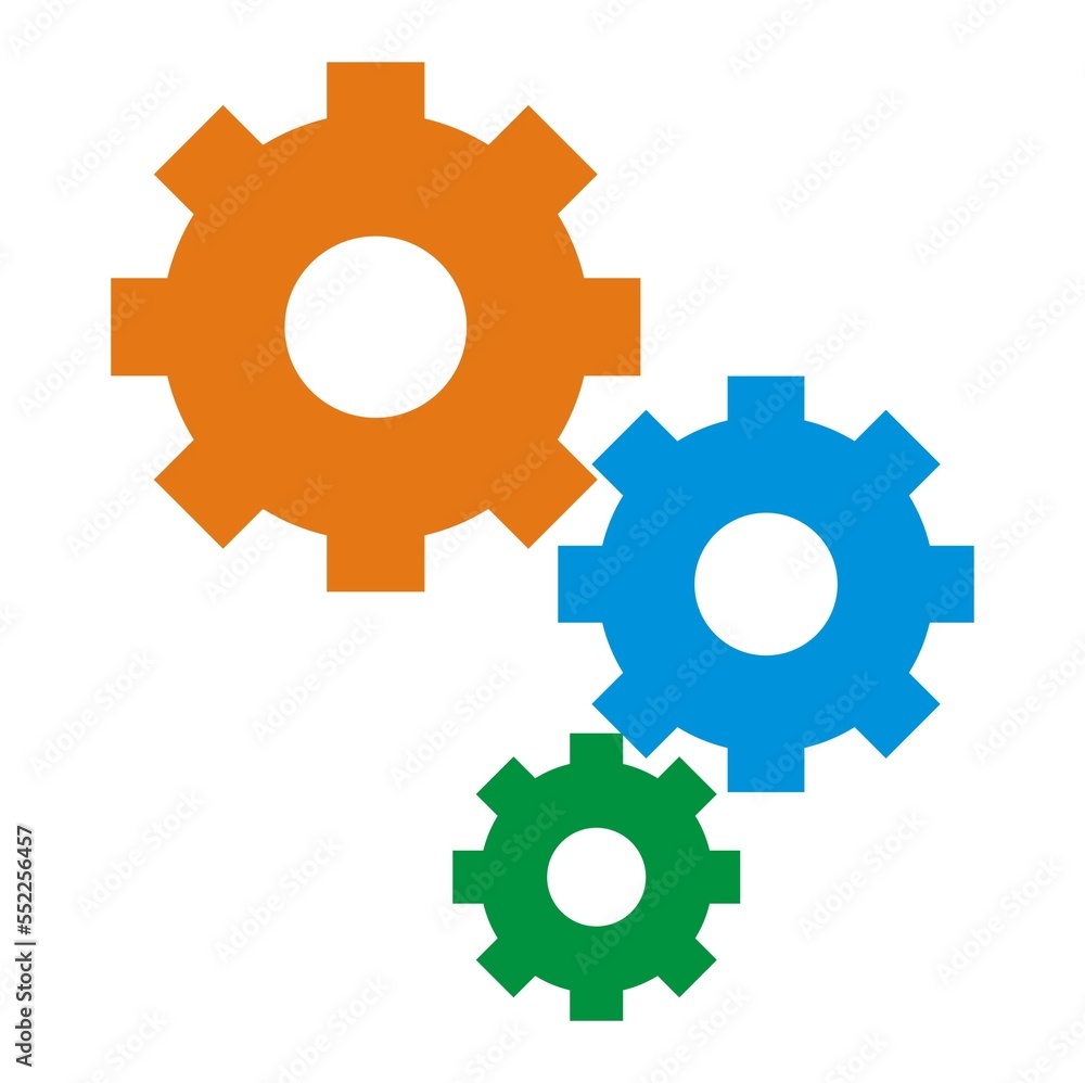 symbol of three gears in blue, orange, red symbol of three gears in blue, orange, red