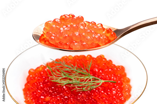 Salmon roe in golden spoon on white background, Texture of Salmon roe or Ikura in golden spoon PNG File.