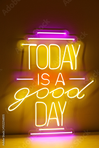 Colorful neon sign today is a good day. Trendy style. Neon sign. Custom neon. Home and party decor. photo