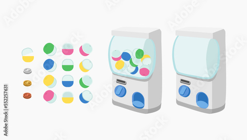 Gashapon machine, capsule vending machine. Japanese collectible toy dispenser, coins, tokens, gashapon.