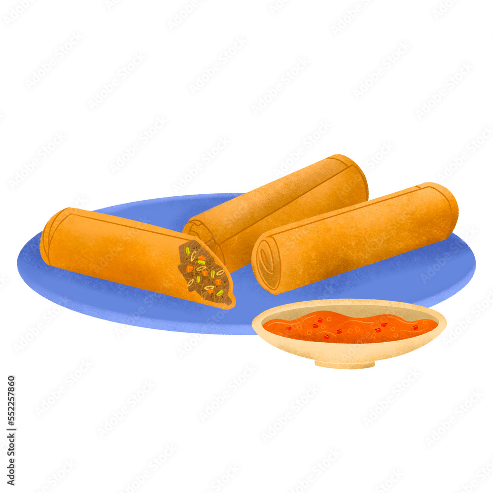 Filipino lumpia (fried spring roll) on blue plate with sweet and sour