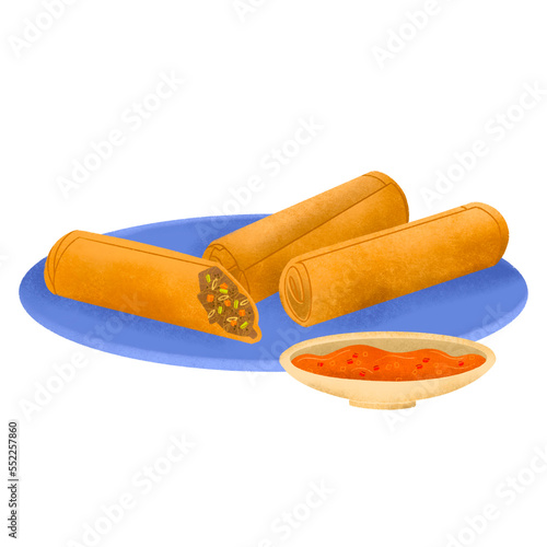 Filipino lumpia (fried spring roll) on blue plate with sweet and sour sauce