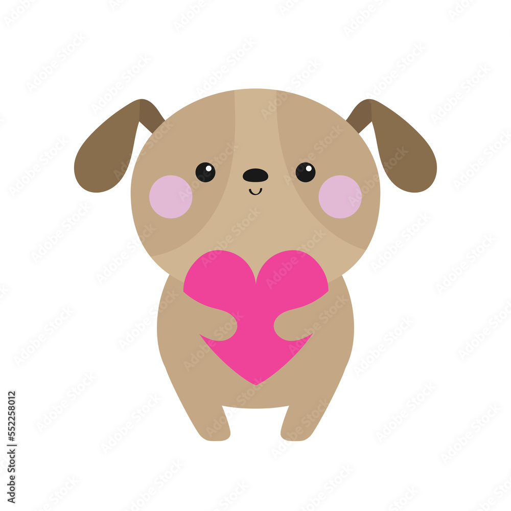 Dog puppy pooch holding pink heart. Cute cartoon kawaii funny baby character. Funny face. Happy Valentines day. Adopt me. Pet adoption. Love card. Flat design. White background. Isolated. Dog puppy pooch holding pink heart. Cute cartoon kawaii funny baby character. Funny face. Happy Valentines day. Adopt me. Pet adoption. Love card. Flat design. White background. Isolated.