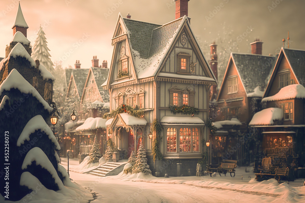Obraz premium snow covered house,winter in the city.snow covered houses,street in winter,christmas in the city,street in winter,town in winter,christmas market square,christmas tree in the city