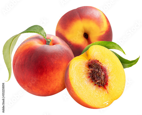 Peach fruit with leaf on white background, Fresh Peach on White Background PNG File.