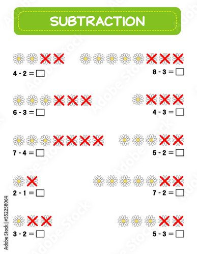 Subtraction. Math worksheet for kids. Developing numeracy skills. Solve examples and write. Mathematics. Vector illustration.Educational math children game. Subtraction for kids