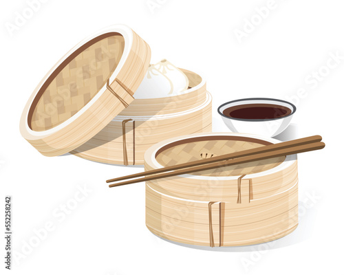 Dim sum illustration vector of Chinese food, Asian food Dim sum in Steamer