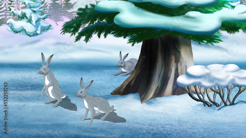 Grey Bunnies in a Winter forest