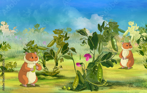 Hamsters on Pea Field illustration