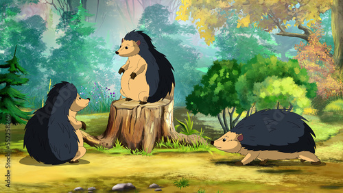 Three Hedgehogs on a Sunny Forest Glade