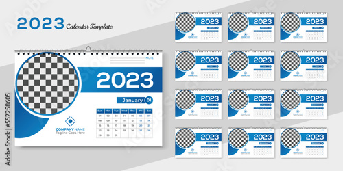 Set of 2023 Calendar Planner Template with Place for Photo and Company Logo. Vector layout of a wall or desk simple calendar with week start Sunday or desk calendar 2023 for your company business.