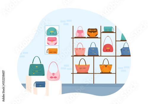 Handbag Store with Collection of Various Quality Bags and Different Types of Lifestyle in Flat Hand Drawn Cartoon Template Illustration