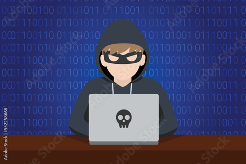 Hacker with laptop working on a code on dark digital background with digital interface around. Cybercrime or attack or criminal concept