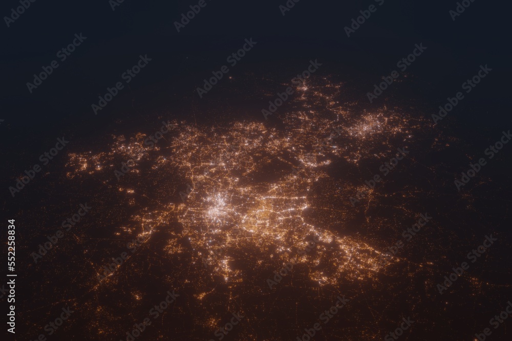 Aerial shot on Raleigh (North Carolina, USA) at night, view from east. Imitation of satellite view on modern city with street lights and glow effect. 3d render