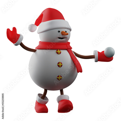 3D illustration. 3D Snowman Cartoon Character with snowball. wear a scarf with a cute hat. has a funny facial expression. 3D Cartoon Character
