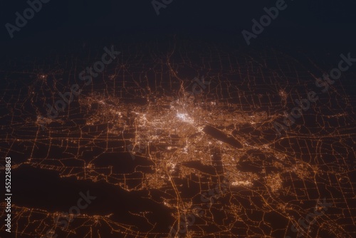 Aerial shot of Syracuse (New York, USA) at night, view from north. Imitation of satellite view on modern city with street lights and glow effect. 3d render