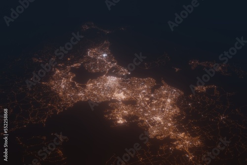 Aerial shot of Aukland  New Zealand  at night  view from south. Imitation of satellite view on modern city with street lights and glow effect. 3d render