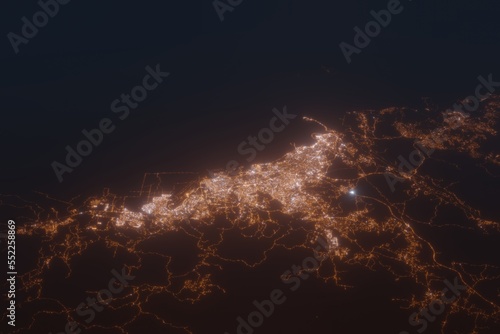 Aerial shot of Panama at night, view from north. Imitation of satellite view on modern city with street lights and glow effect. 3d render