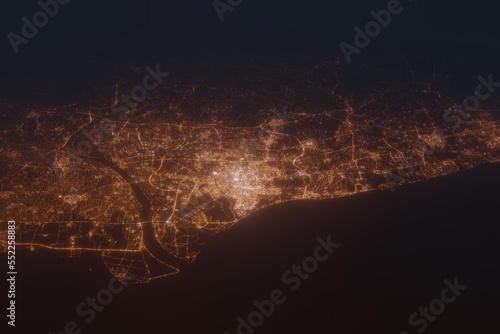Aerial shot on Tainan (Taiwan) at night, view from west. Imitation of satellite view on modern city with street lights and glow effect. 3d render