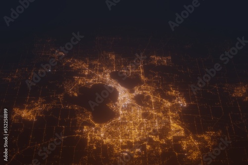 Aerial shot on Madison (Wisconsin, USA) at night, view from west. Imitation of satellite view on modern city with street lights and glow effect. 3d render