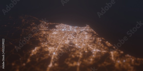Street lights map of Fortaleza (Brazil) with tilt-shift effect, view from south. Imitation of macro shot with blurred background. 3d render, selective focus