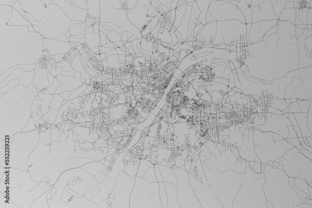 Map of the streets of Wuhan (China) made with black lines on grey paper. Top view. 3d render, illustration