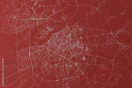 Map of the streets of Harbin (China) made with white lines on red background. Top view. 3d render, illustration
