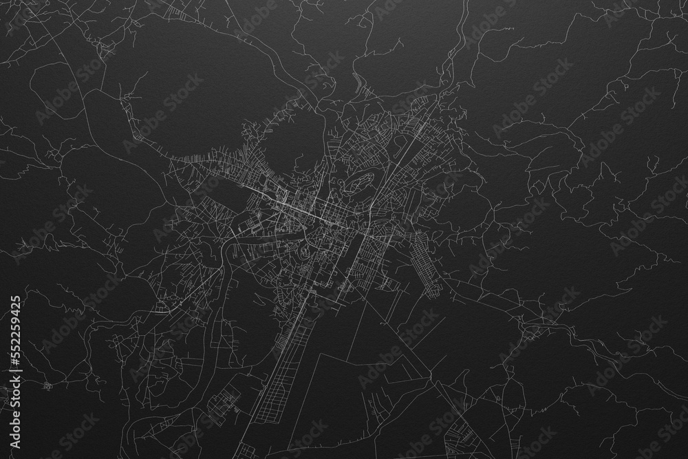 Street map of Podgorica (Montenegro) on black paper with light coming from top