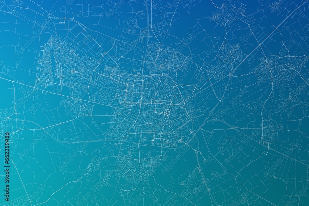Map of the streets of Tilburg (Netherlands) made with white lines on greenish blue gradient background. 3d render, illustration Map of the streets of Tilburg (Netherlands) made with white lines on greenish blue gradient background. 3d render, illustration