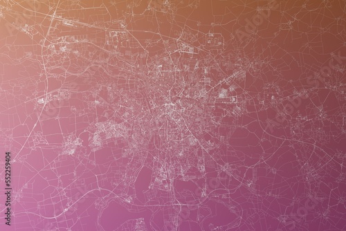 Map of the streets of Leipzig (Germany) made with white lines on pinkish red gradient background. Top view. 3d render, illustration