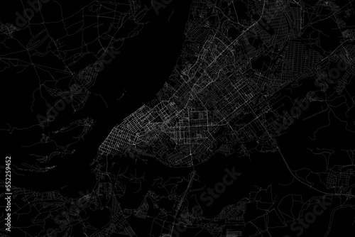 Stylized map of the streets of Samara (Russia) made with white lines on black background. Top view. 3d render, illustration