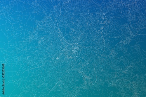 Map of the streets of Sheffield (UK) made with white lines on greenish blue gradient background. 3d render, illustration
