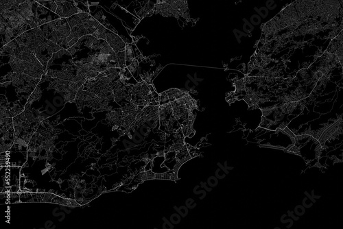 Fototapeta Naklejka Na Ścianę i Meble -  Stylized map of the streets of Rio de Janeiro (Brazil) made with white lines on black background. Top view. 3d render, illustration