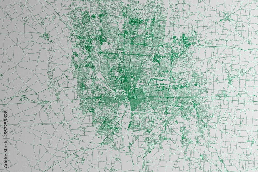 Map of the streets of Columbus (Ohio, USA) made with green lines on white paper. 3d render, illustration