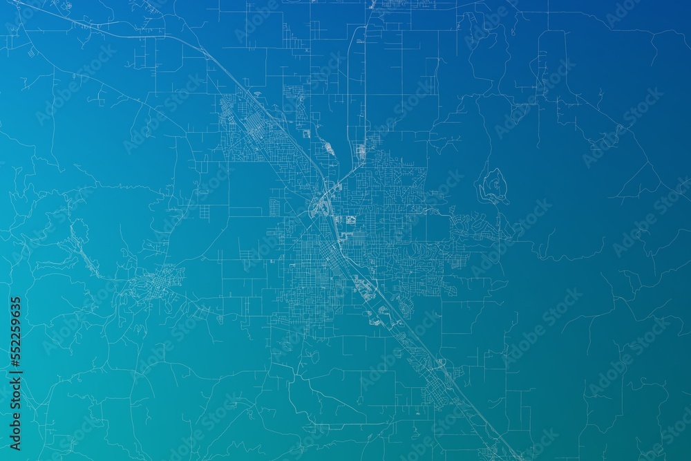 Map of the streets of Medford (Oregon, USA) made with white lines on greenish blue gradient background. 3d render, illustration