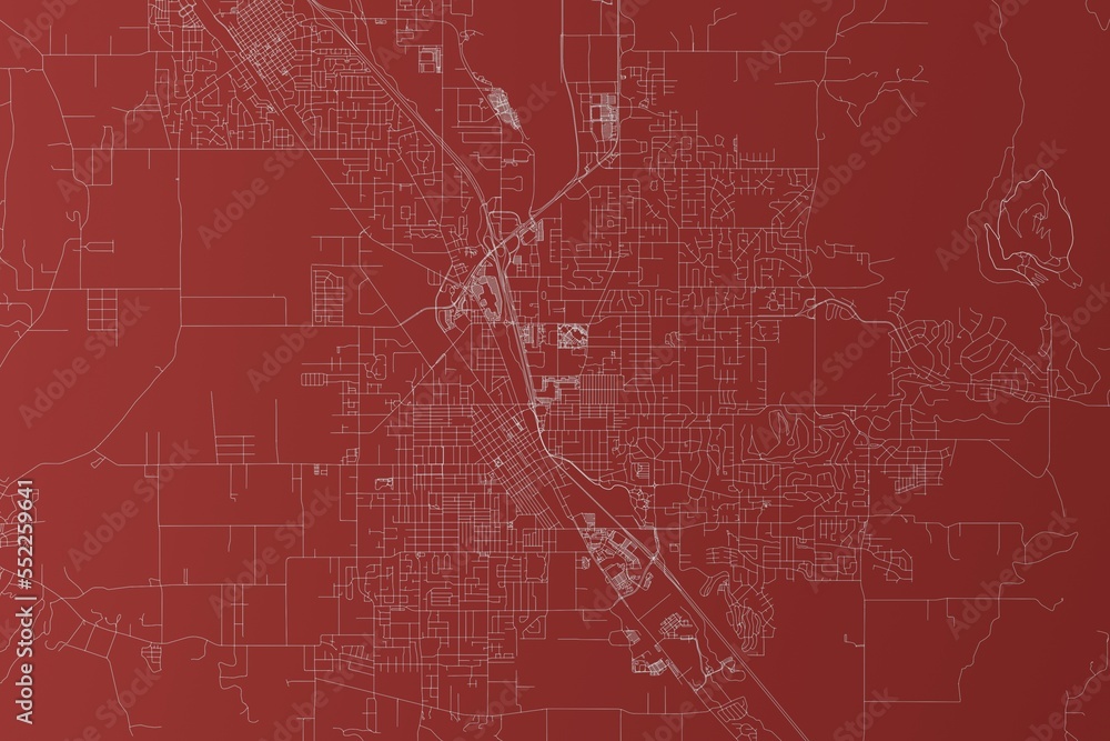 Map of the streets of Medford (Oregon, USA) made with white lines on red background. Top view. 3d render, illustration Map of the streets of Medford (Oregon, USA) made with white lines on red background. Top view. 3d render, illustration