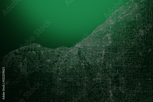 Street map of Cleveland (Ohio, USA) engraved on green metal background. Light is coming from top. 3d render, illustration