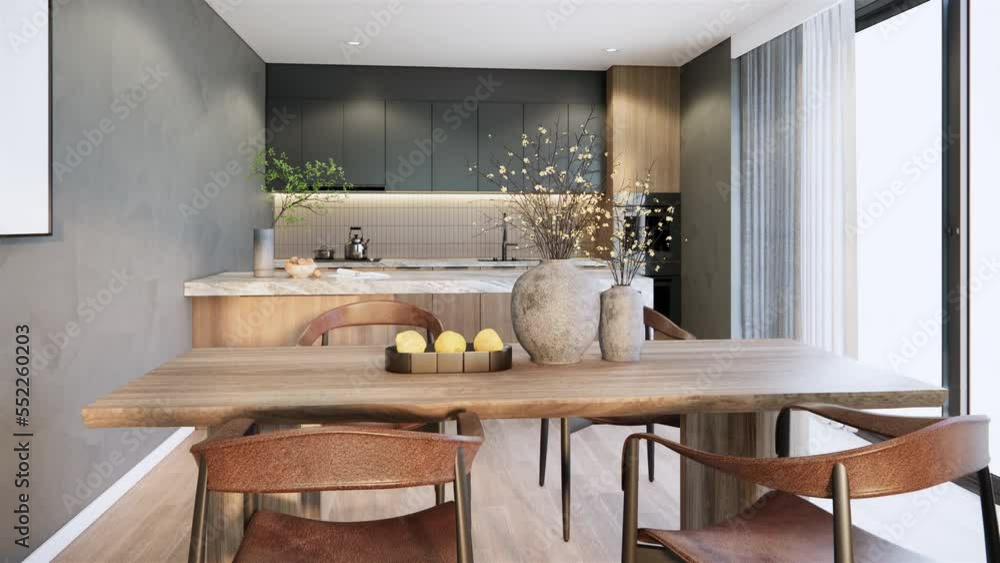 Modern interior design of apartment, kitchen and dining room ideas 3d ...