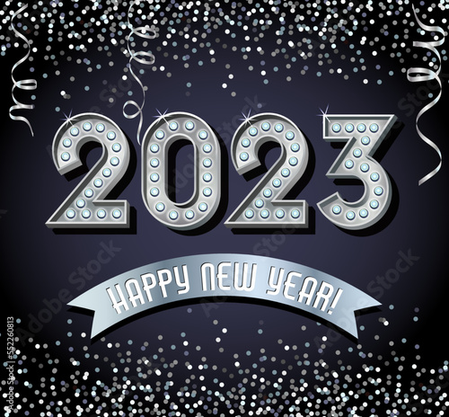 2023 Happy New Year design with vintage silver light bulb letters, glitter, confetti and streamers. For greeting cards, social media, banners, posters.