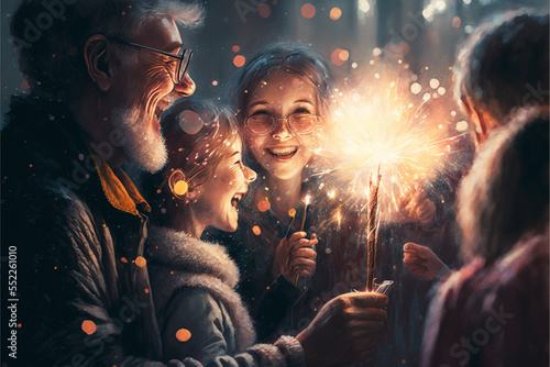 Digital illustration of people celebrating New Year with sparklers