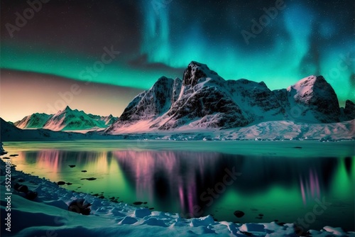 Northern lights view over icy mountains and snow, arctic lake, winter season