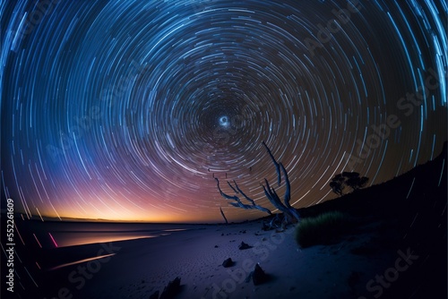 nighttime long exposure astrophotography of the sky, stars swirling in the void 
