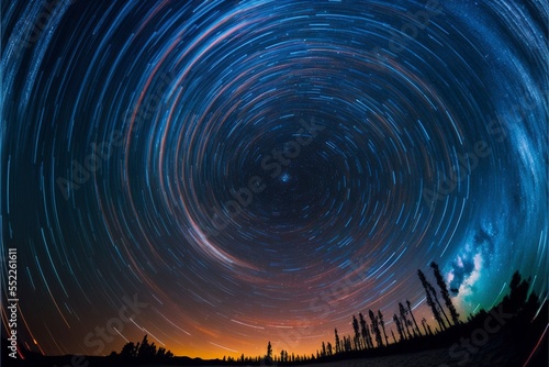 nighttime long exposure astrophotography of the sky, stars swirling in the void	
 photo