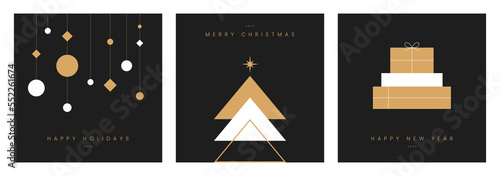 Merry christmas card design with simple geometric christmas tree. Season's greeting banner, poster, brochure, web. Happy holidays text. Modern luxury style. Trendy flat design vector illustration.