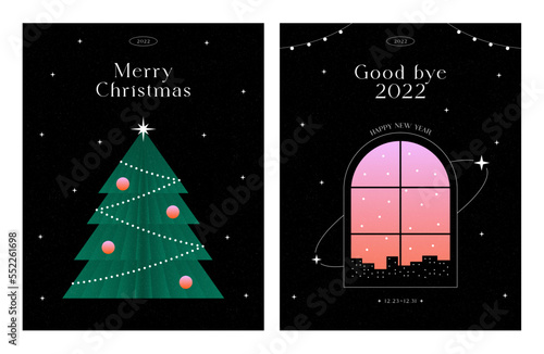 Happy new year, Merry christmas design. Window city night view. Sunset Dusk. Season's greetings banner, poster, brochure. New generation vibrant gradient. Modern style. Trendy flat vector illustration