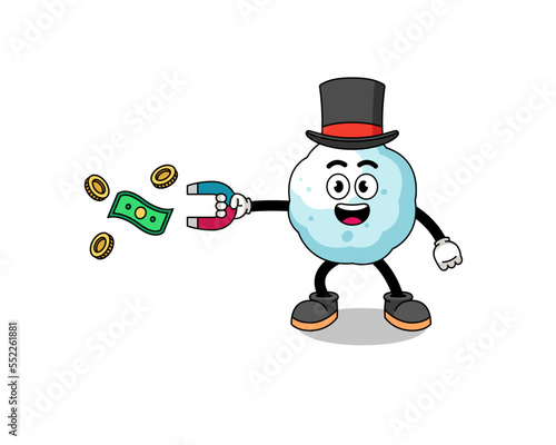 Character Illustration of snowball catching money with a magnet
